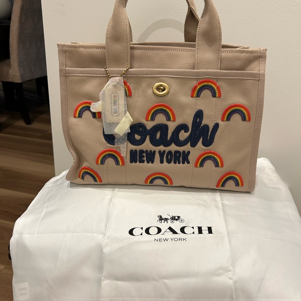 Coach Tan Tote with Rainbow Embroidery
